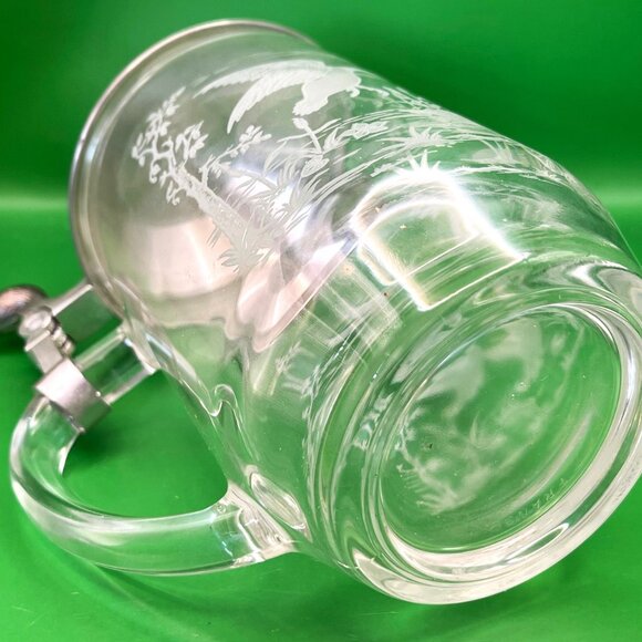 Vintage Etched Glass Beer Stein Tankard Lid Duck Goose Pond Scene Germany France - Picture 13 of 14